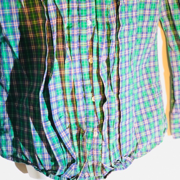J Crew Gr/Bl plaid ruffle front buttondown size sm - Picture 4 of 8